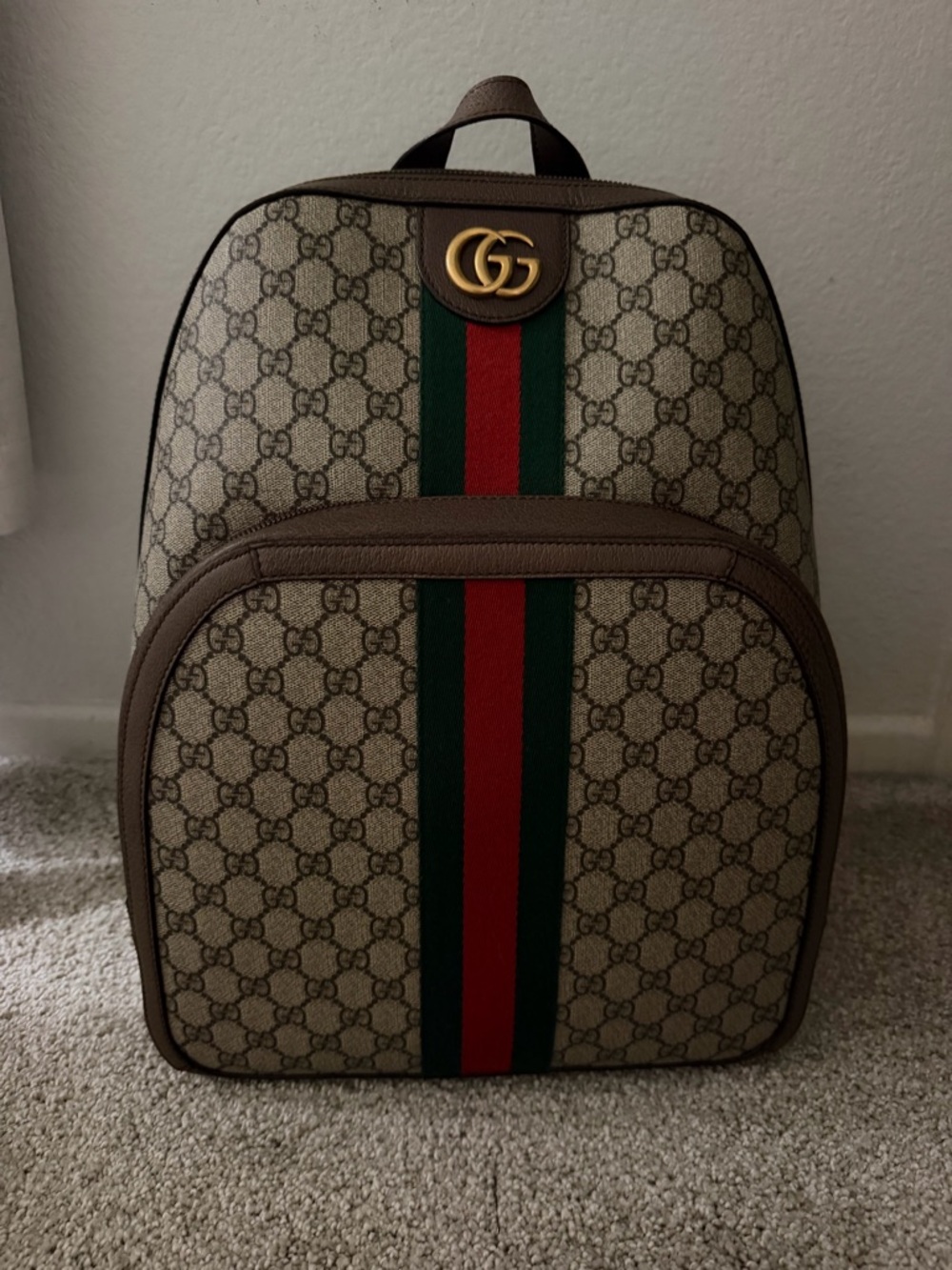Gucci Beige GG Supreme Canvas Backpack with Red & Green Web and Brown Trim